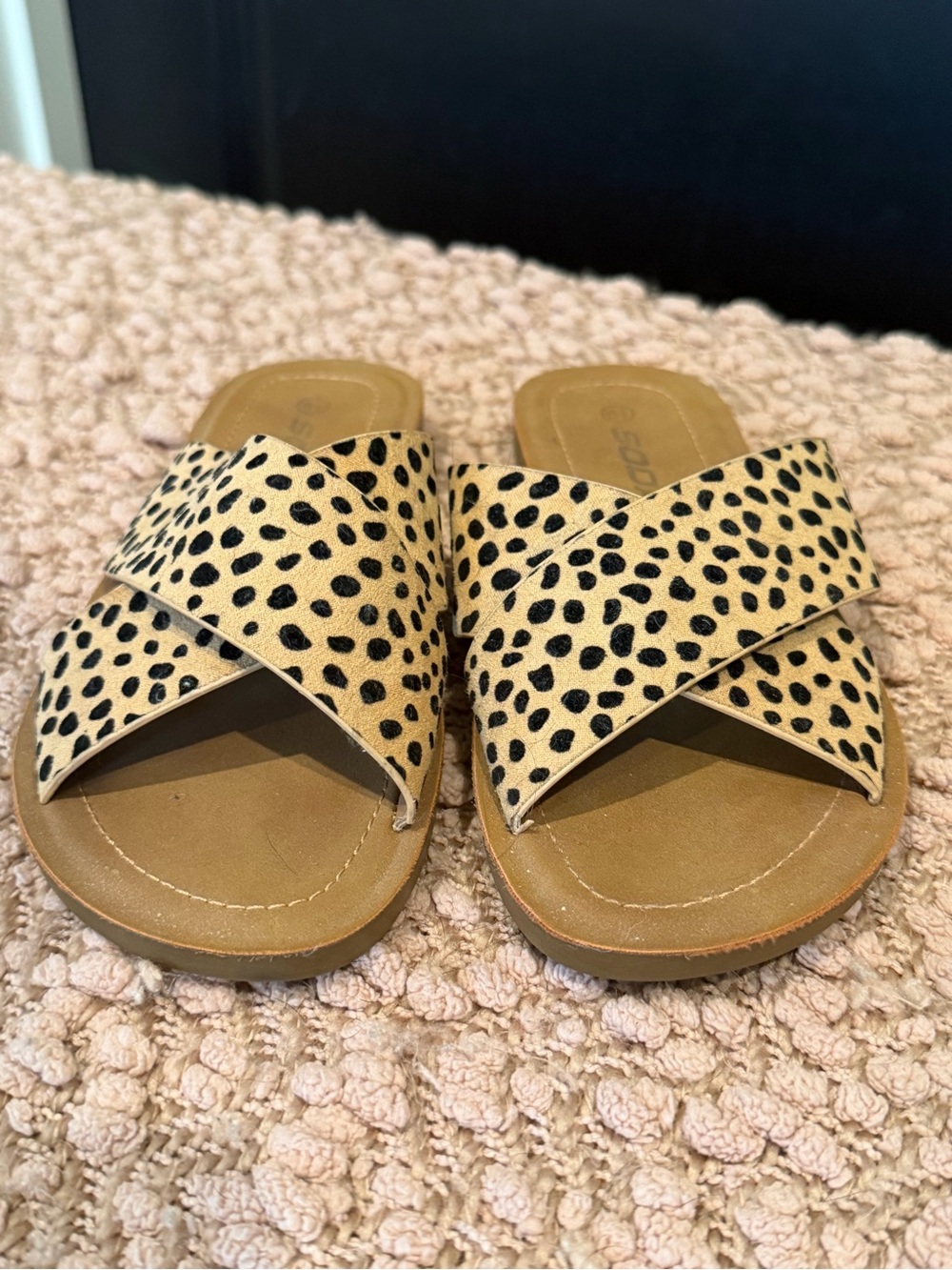 Soda Beige Black Leopard Print Crisscross Slide Sandals